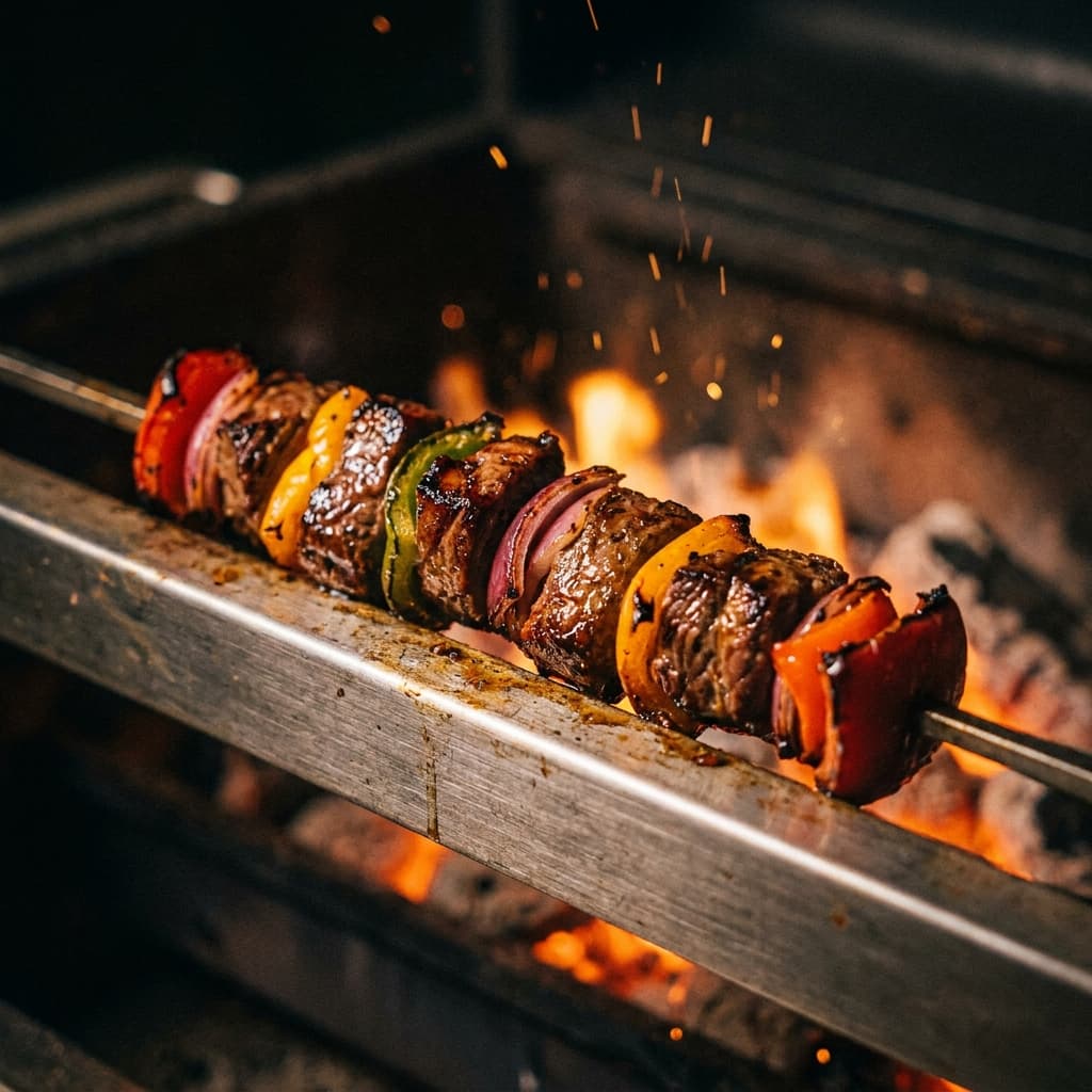 Fertig gegrillter Spiess mit Fleisch und Gemüse