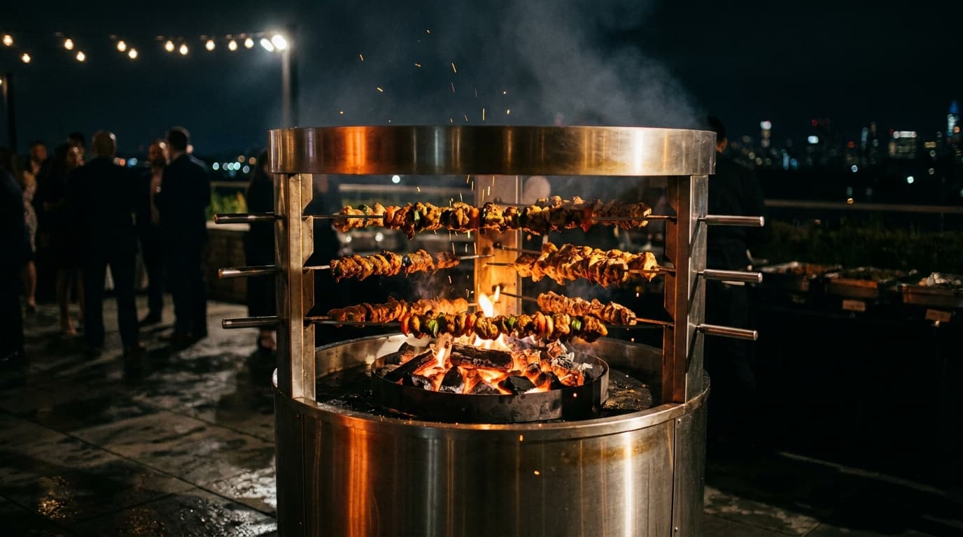 360° Drehgrill im Einsatz auf einer Event-Terrasse bei Nacht