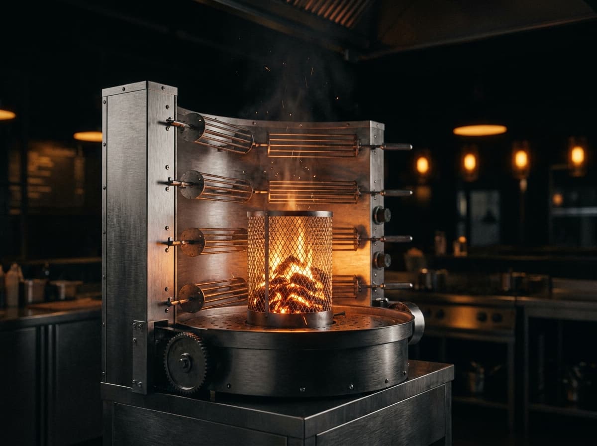 Der 360° Drehgrill in echtem Edelstahl, dramatisch beleuchtet